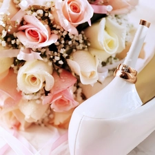 bouquet, heels, rings, rouge