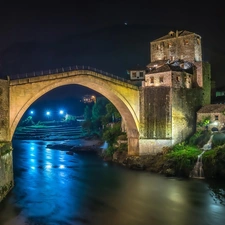 River, bridge, Mostar, Bosnia and Herzegovina, Neretva, Houses