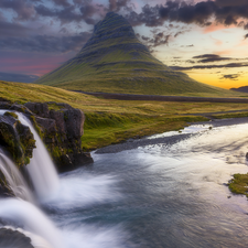River, Kirkjufell Mountain, Snaefellsnes Peninsula, iceland, Sunrise, Kirkjufellsfoss Waterfall