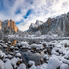 Stones, State of California, winter, viewes, Mountains, The United States, Yosemite National Park, clouds, trees, Merced River
