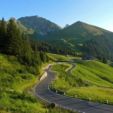 road, forest, Mountains