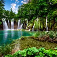 rocks, trees, green, viewes, Plitvice Lakes National Park, waterfalls, Coartia
