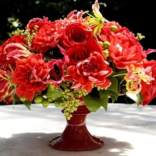 bouquet, dahlias, roses, Red