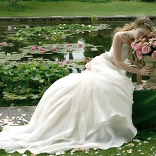 roses, lady, lilies, water, Pond - car, young