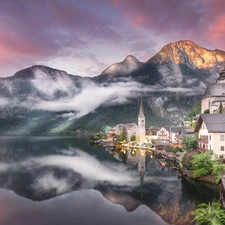 Salzburg Slate Alps, Austria, Houses, Fog, Hallstattersee Lake, Hallstatt