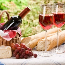 roll, Bottle, sausage, Grapes, cheese, Wines