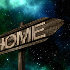 Sky, star, text, home, sign-post