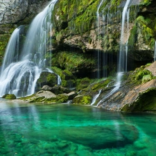 waterfall, lake, Slovenia, rocks