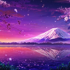 Great Sunsets, graphics, Mount Fuji, Japan, lake, Spring