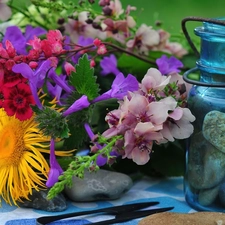 bouquet, jar, Stones, Flowers