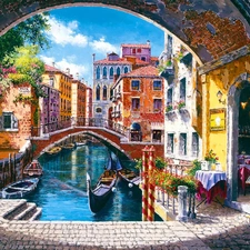 bridge, Venice, Street, View, canal, Houses