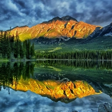 woods, Mountains, sun, reflection, lake, clouds