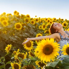 happy, Field, sunflowers, girl