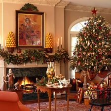 christmas tree, burner chimney, table, gifts
