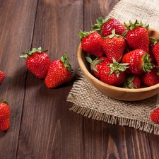 tablecloth, strawberries, bowl