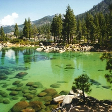 Mountains, lake, Tahoe, California, forest, Stones