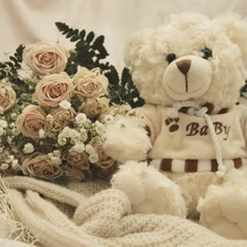 bouquet, White, teddy bear, rouge