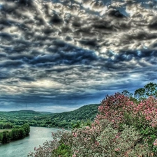 trees, viewes, storm, clouds, River