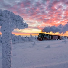trees, steam train, Great Sunsets, Snowy, winter, viewes, clouds