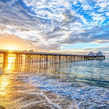 pier, sea, Coast, Sunrise, California, The United States, sea, Malibu, clouds