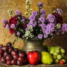 Vase, Fruits, composition, Grapes, Truck concrete mixer, Aster, Flowers, apples