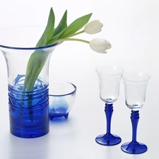 Vase, glasses, White, Tulips, Two cars