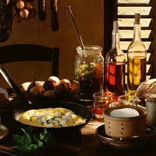 vegetables, Scrambled Eggs, oil, cooking, bread, cheese