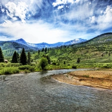 viewes, clouds, Mountains, trees, River