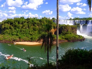 boats, waterfalls, viewes, clouds, trees, Iguazu