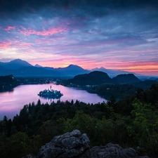 Lake Bled, Blejski Otok Island, Church of the Assumption of the Virgin Mary, Mountains, Sunrise, Slovenia, viewes, clouds, trees