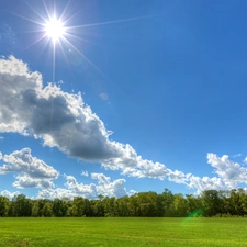 clouds, rays of the Sun, trees, viewes, Meadow