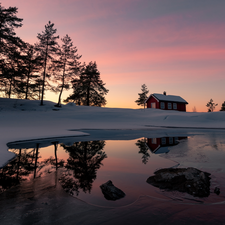 winter, Ringerike, trees, Vaeleren Lake, Norway, house, viewes