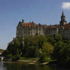 Germany, Castle, viewes, water, trees, Sigmaringen