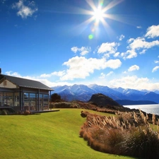 Wanaka, New Zeland, lake, Mountains, house