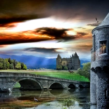 water, Castle, bridge