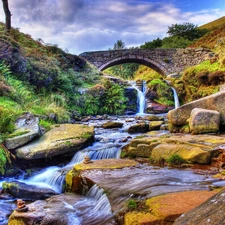 waterfall, Bush, brook, Stones, bridge