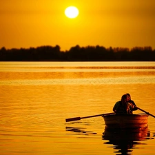 lake, Boat, west, sun, forest, People