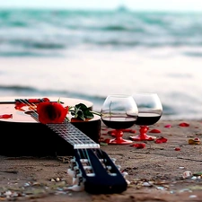 Guitar, glasses, Wine, Colourfull Flowers