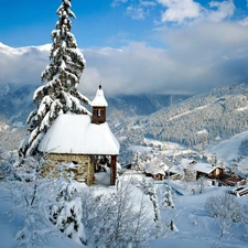 mountain, church, winter, Town