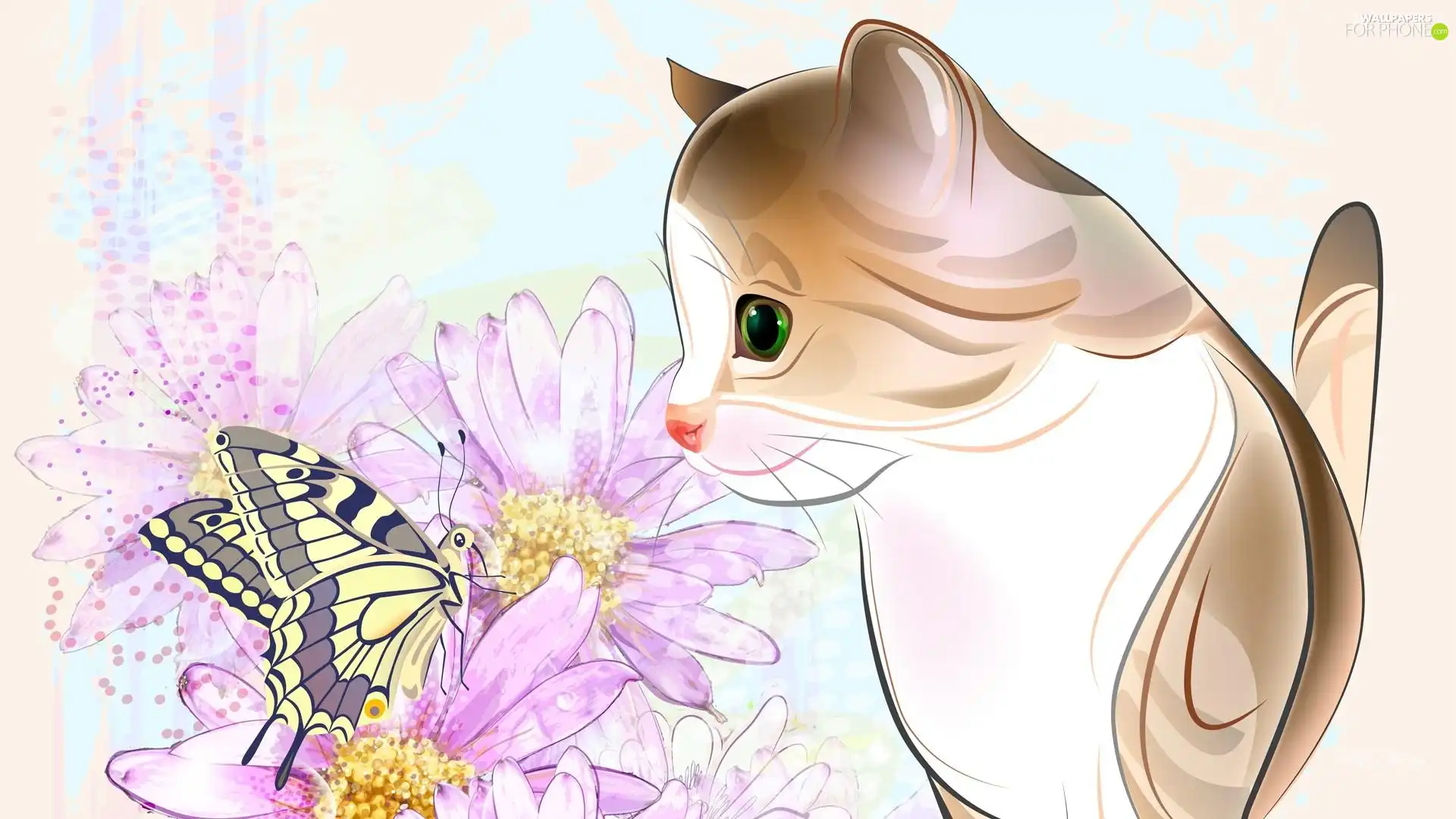cat, Flowers, 2D, butterfly