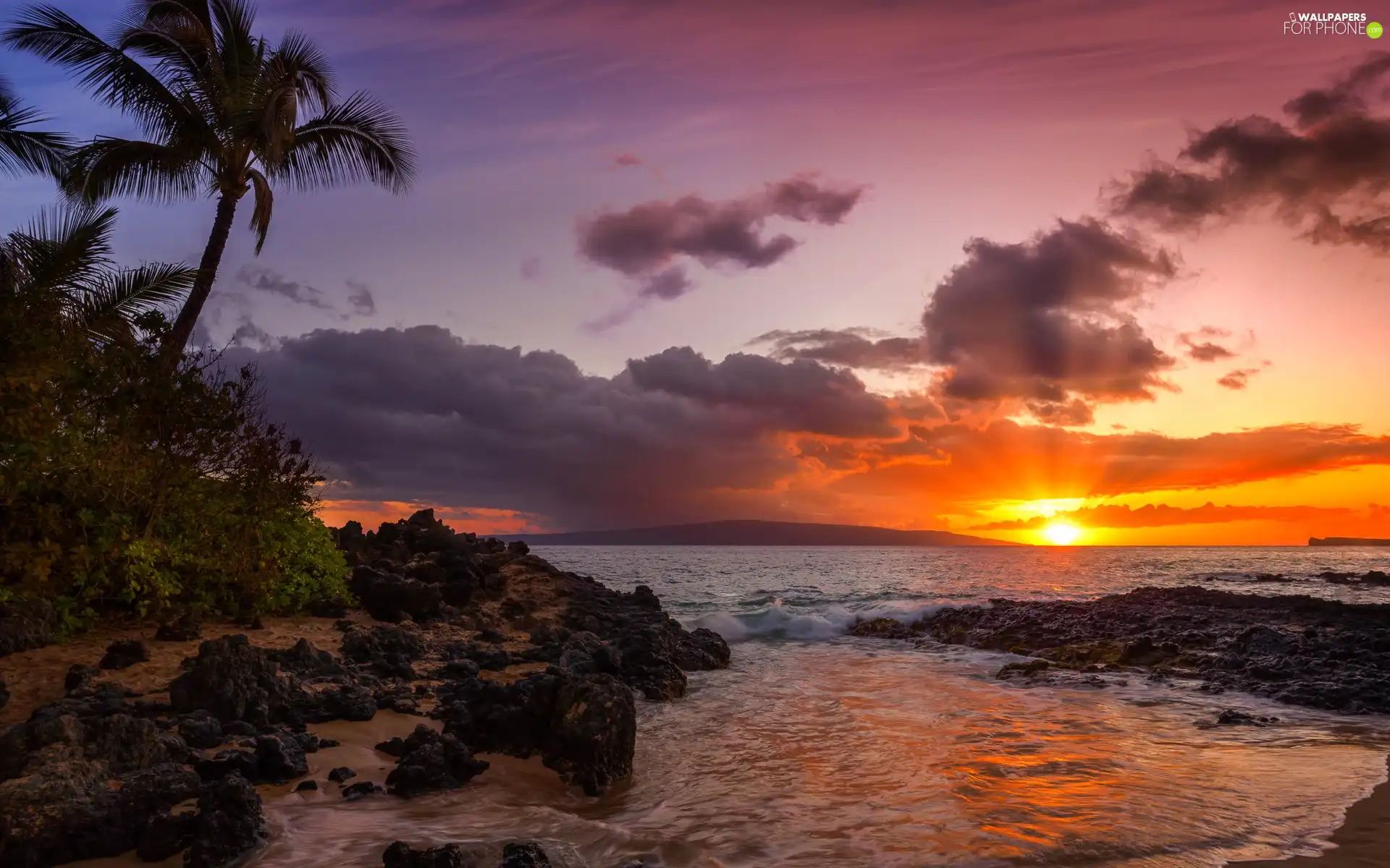rocks, Maui Island, Great Sunsets, sea, Aloha State Hawaje, Palms, clouds