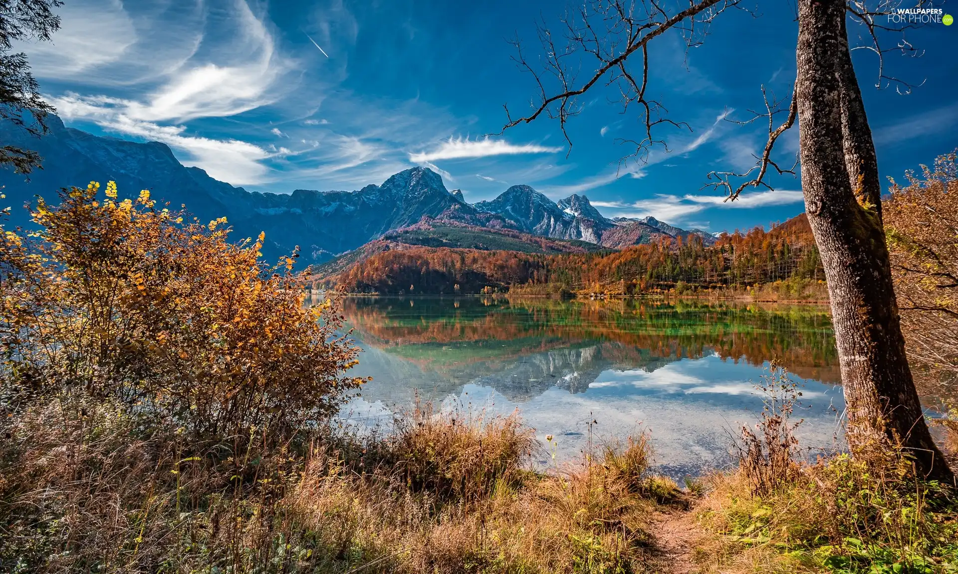 Alps, Almsee Lake, grass, autumn, viewes, Mountains, Austria, trees