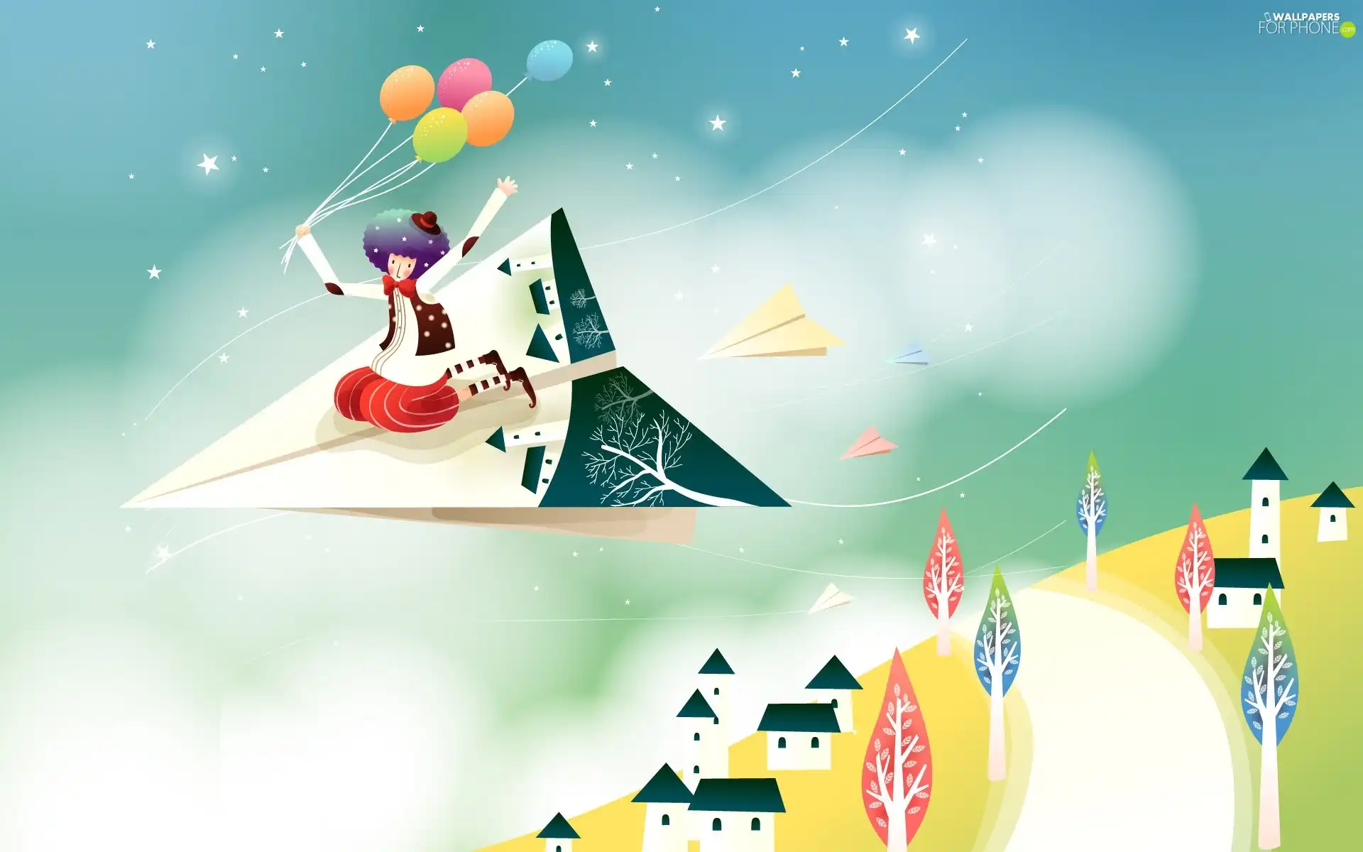 paper, Puppet, Balloons, fantasy, plane, flight