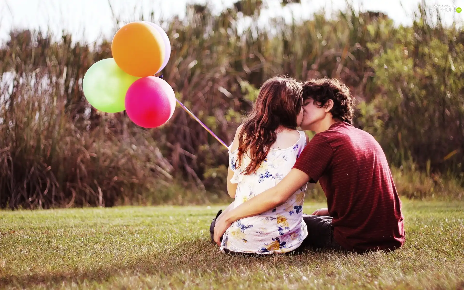 Balloons, grass, Steam, kiss, Love