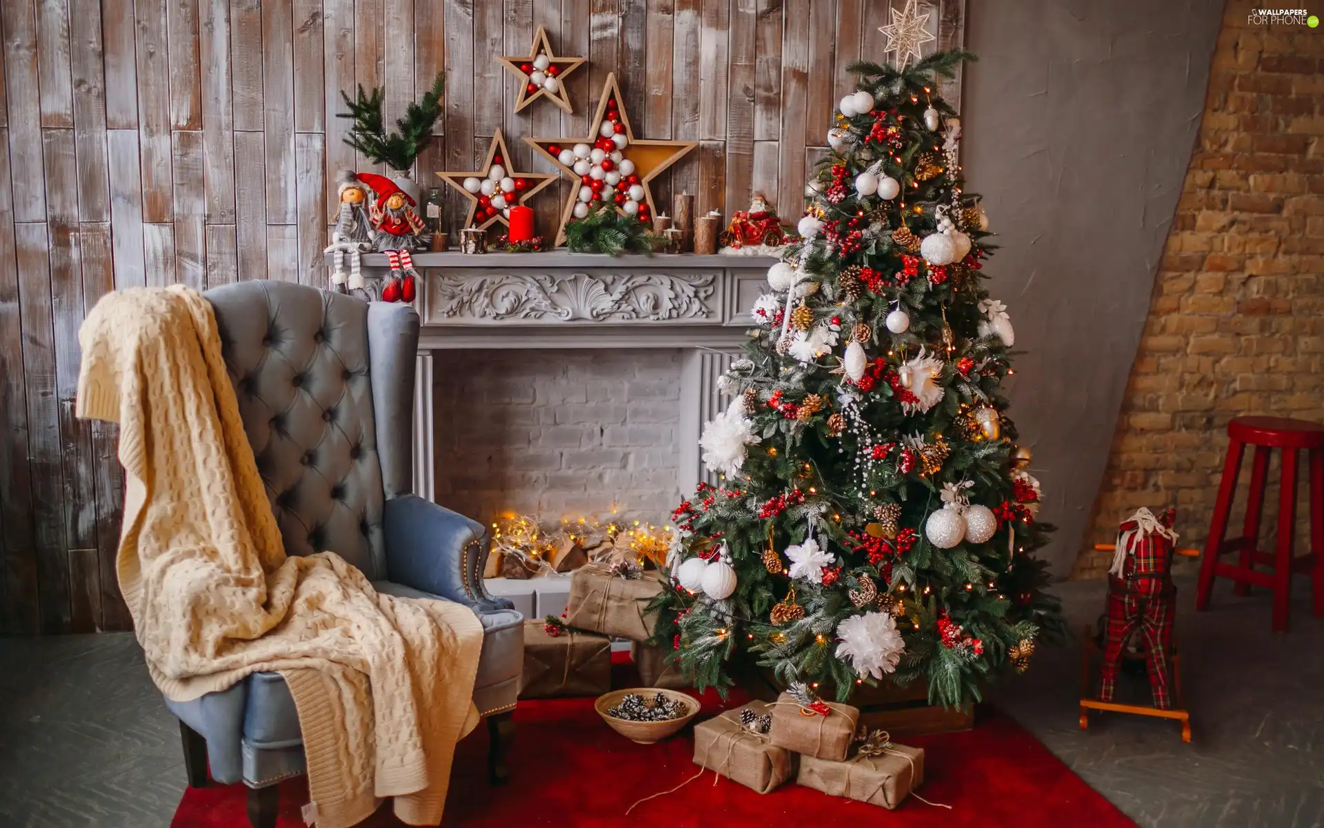 baubles, burner chimney, Christmas, ornamentation, Armchair, gifts, christmas tree, Christmas