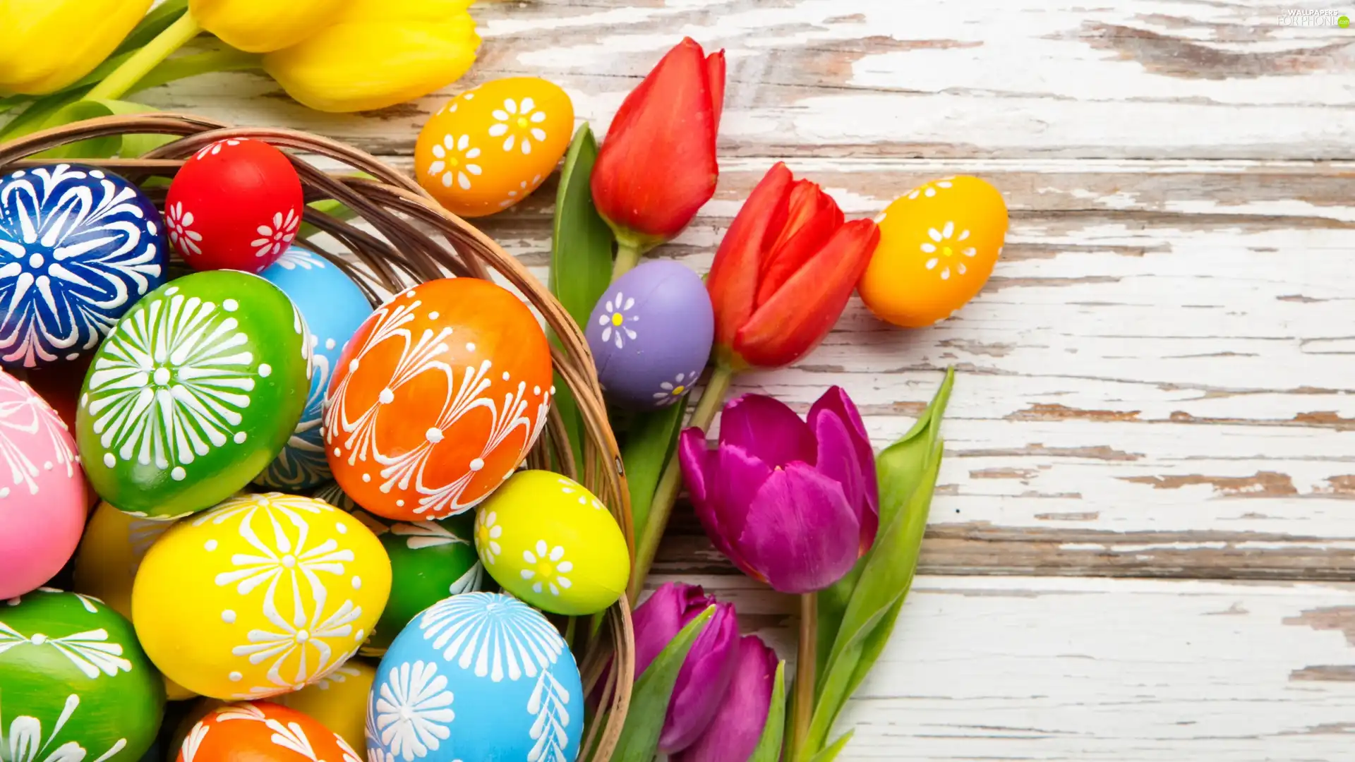 eggs, Easter, basket, boarding, Tulips, color