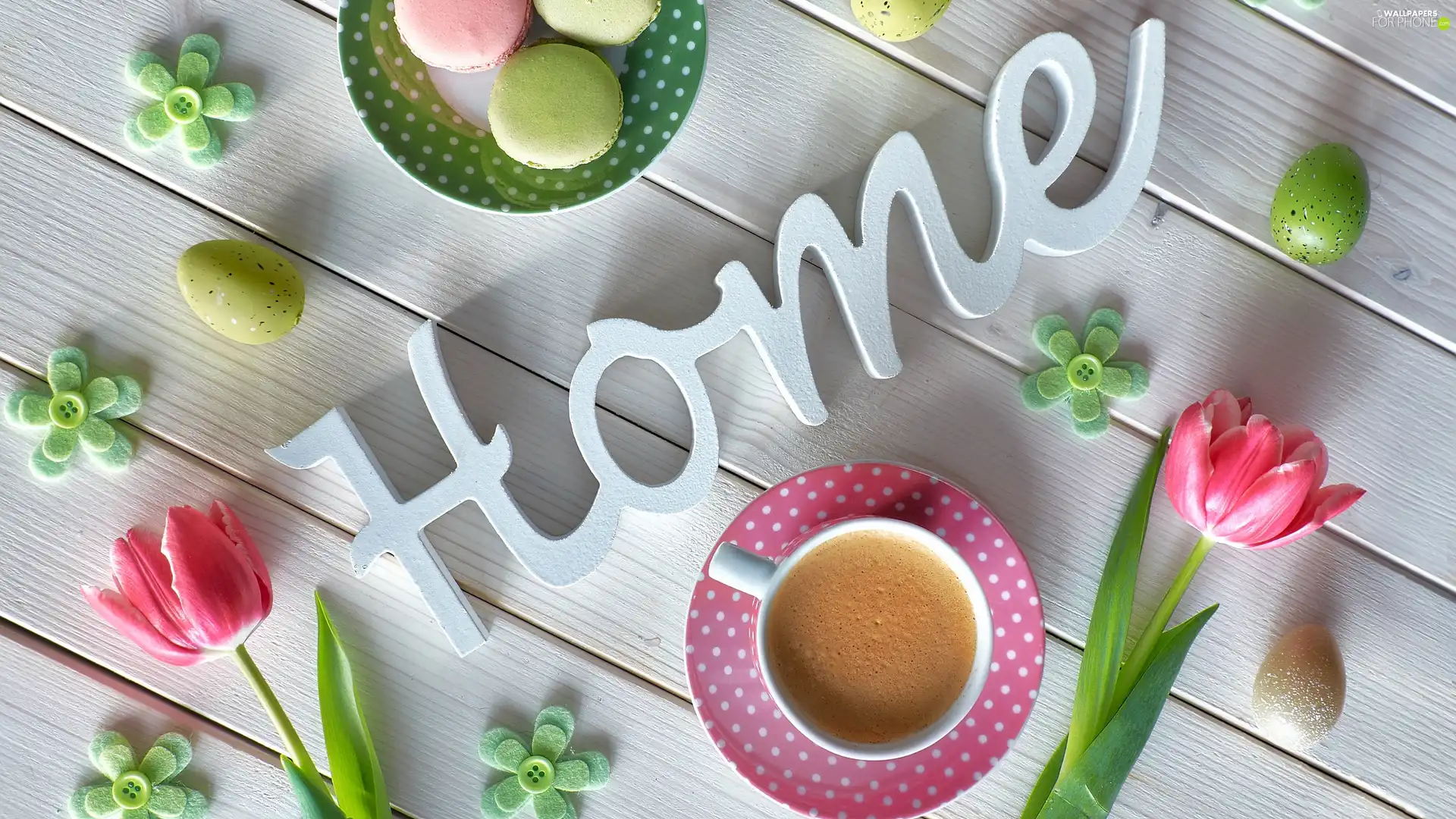 coffee, Cookies, text, Tulips, eggs, composition, boarding, cup, Macaroons, flowers, home