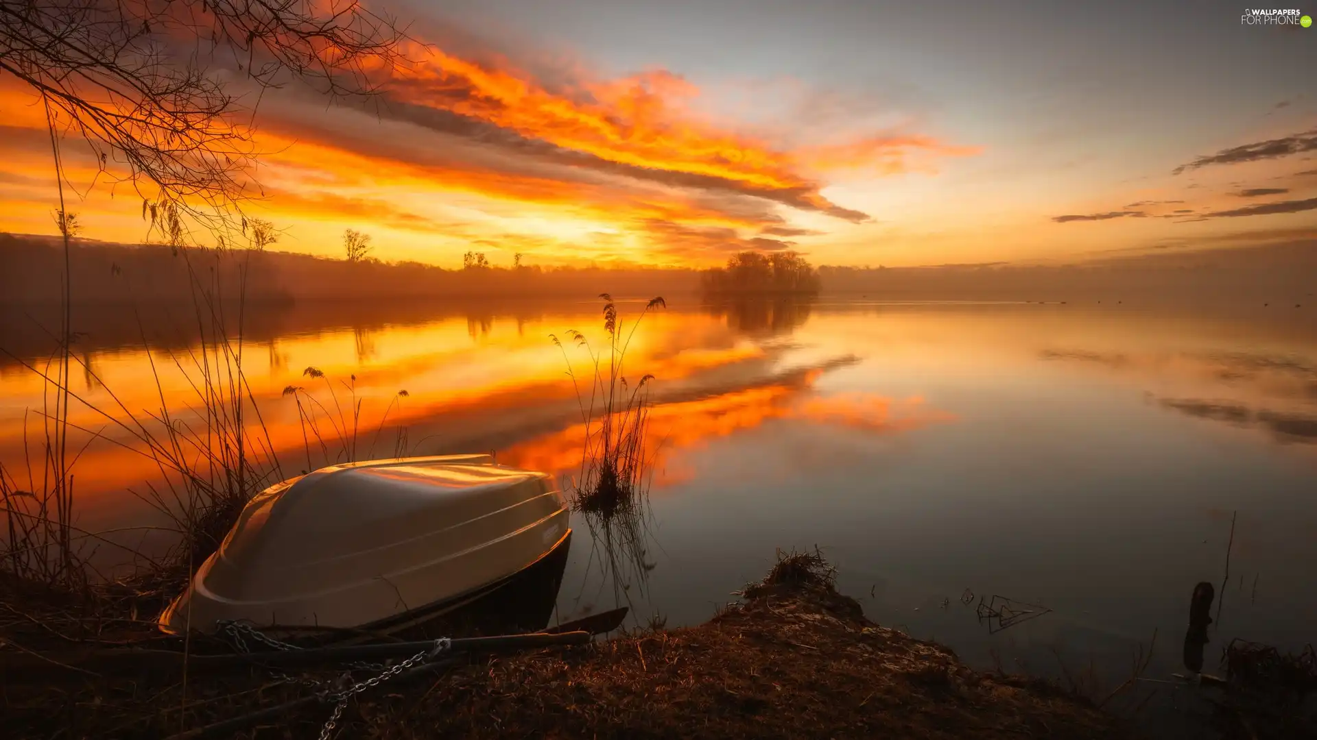 Great Sunsets, Fog, Boat, coast, lake