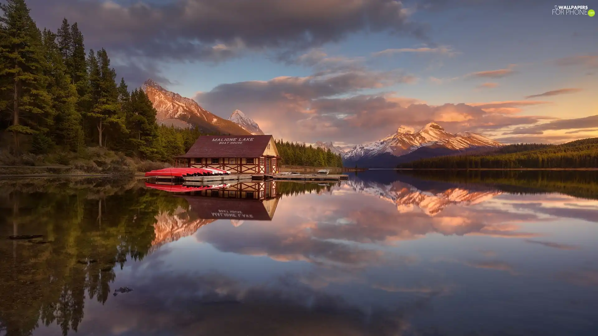 trees, Jasper National Park, Harbour, boats, Mountains, Canada, Maligne Lake, reflection, viewes, forest