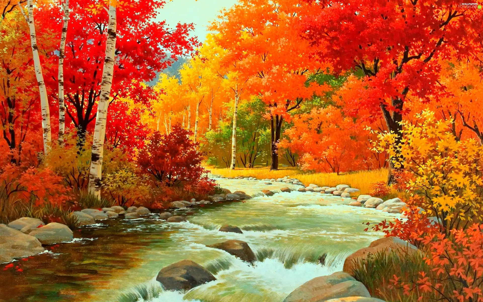 Autumn, River, boulders, forest